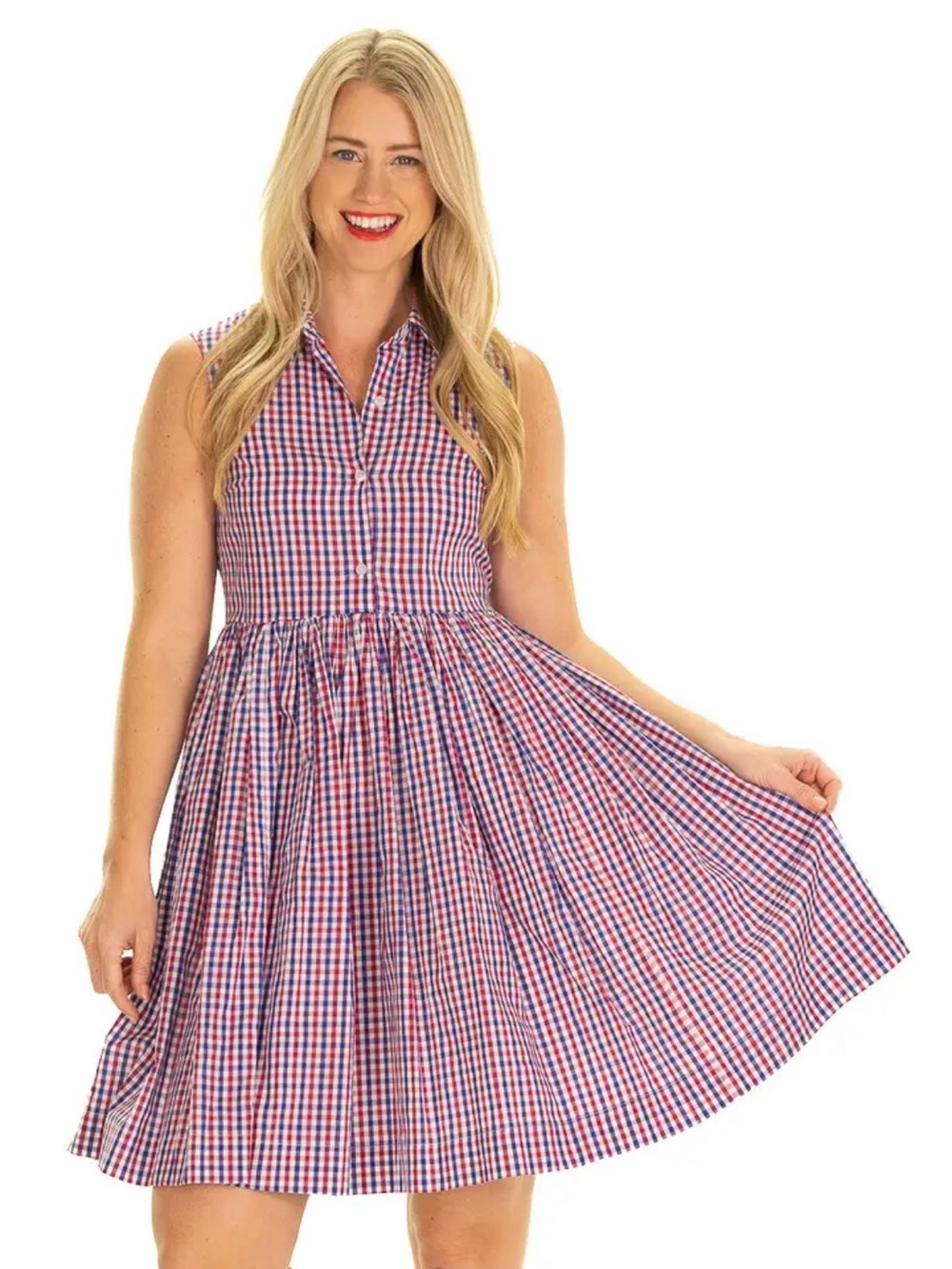 Duffield Lane - Sleeveless Red & Blue Gingham Shirt Dress